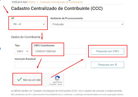 irá entrar automaticamente na página do portal NFe, o Cadastro Centralizado de Contribuinte (CCC)